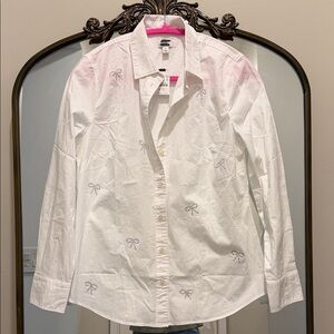 J. Crew White Button-Down Shirt with Small Bow rhinestone MP